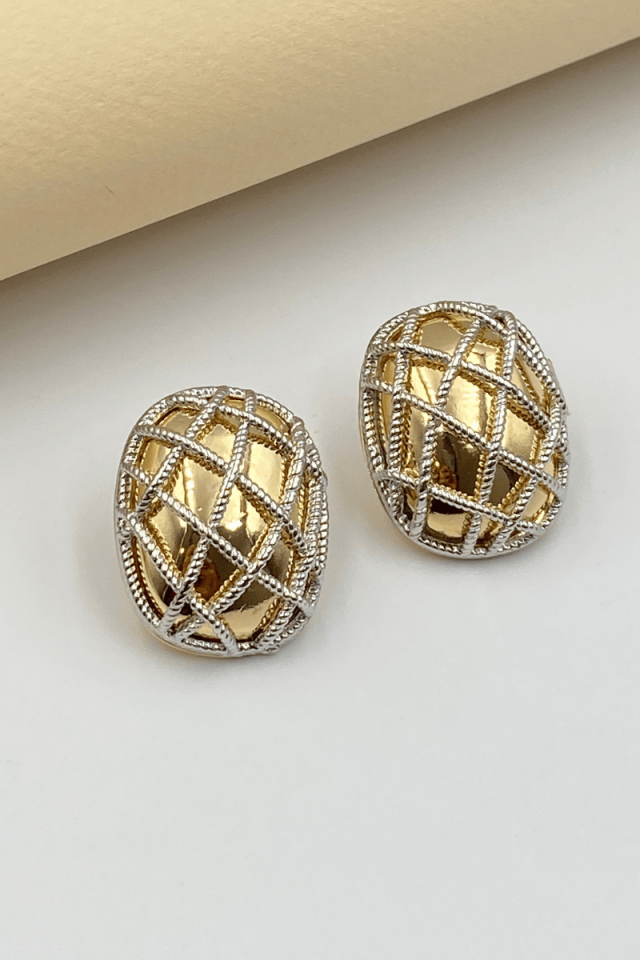 Gold Üzeri Gümüş Şeritli Kafes Küpe