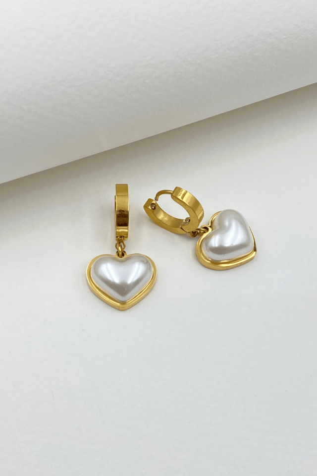Çelik İncili Kalp Gold Küpe