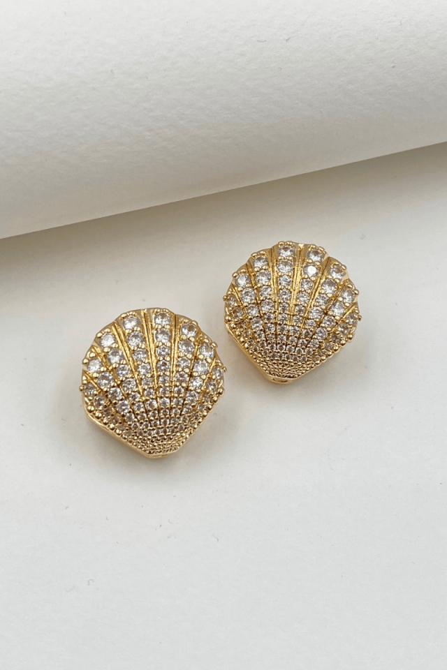 Gold Zirkon Taşlı Büyük Boy  Midye Küpe