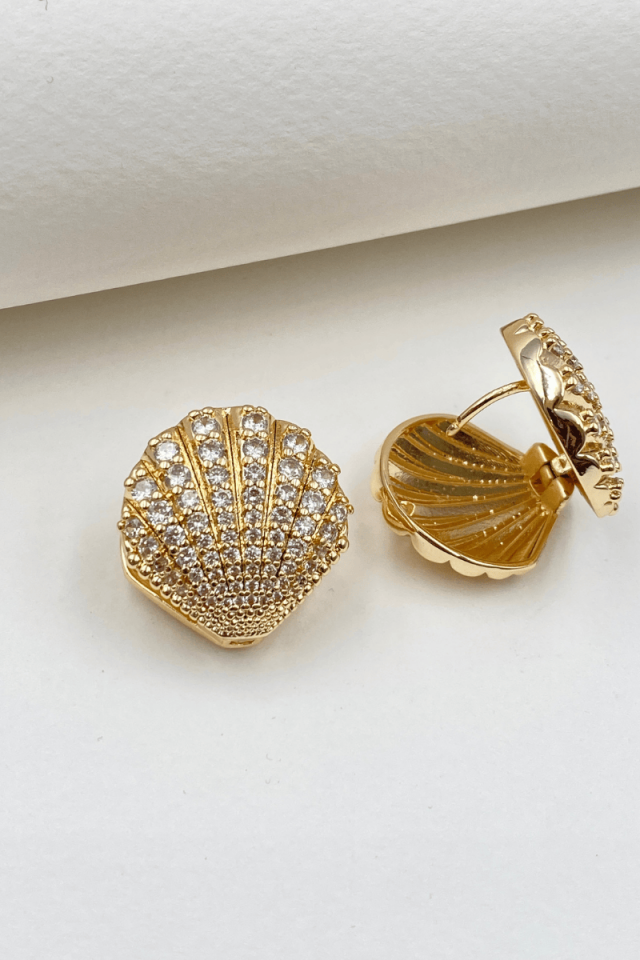 Gold Zirkon Taşlı Büyük Boy  Midye Küpe