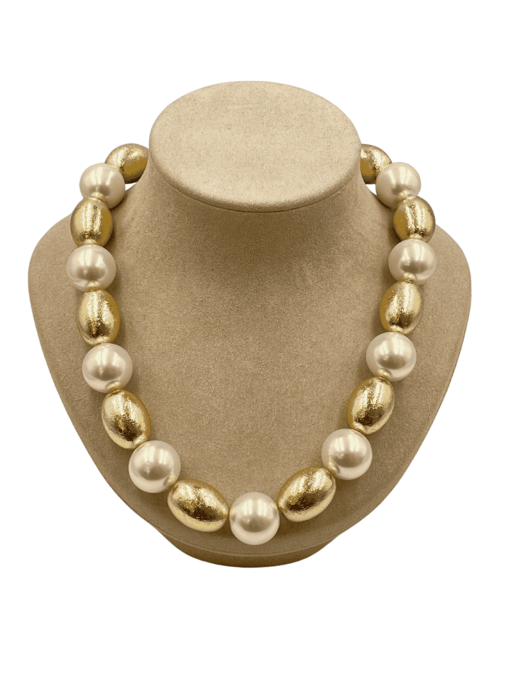 Oval Gold Boncuklu Top İnci Sıralı Kolye