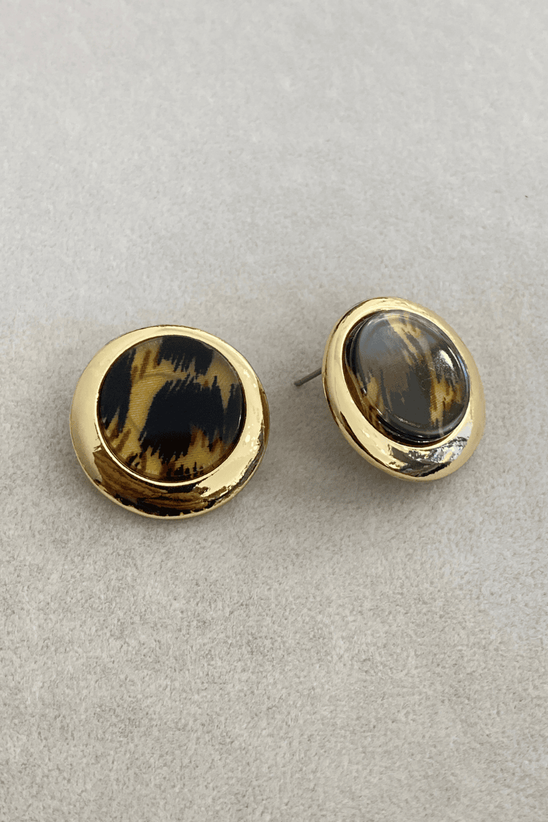 Gold Çerçeveli Leopar Desen Küpe