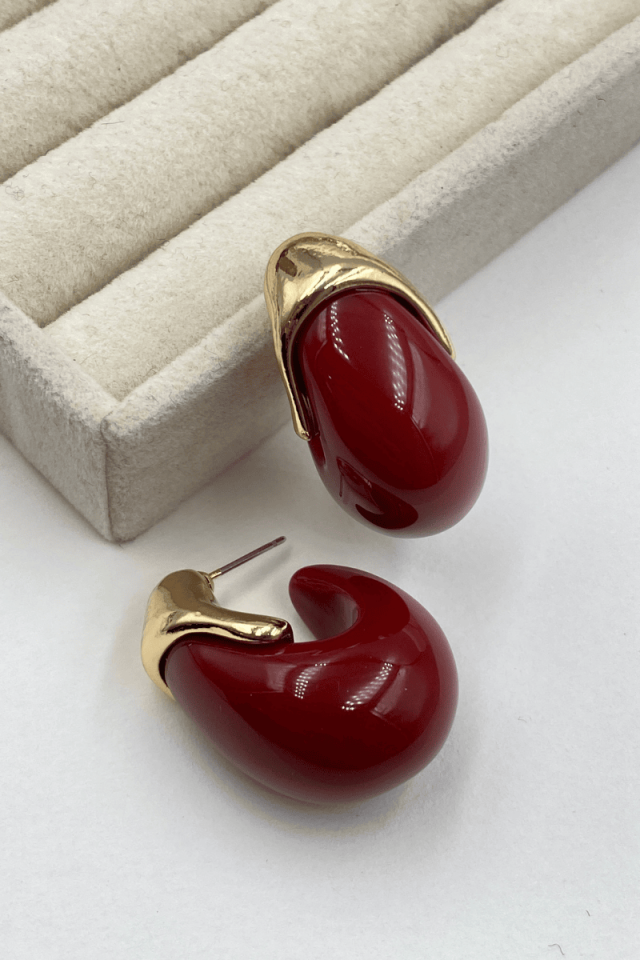 Bordo Gold Detaylı Bombeli Küpe