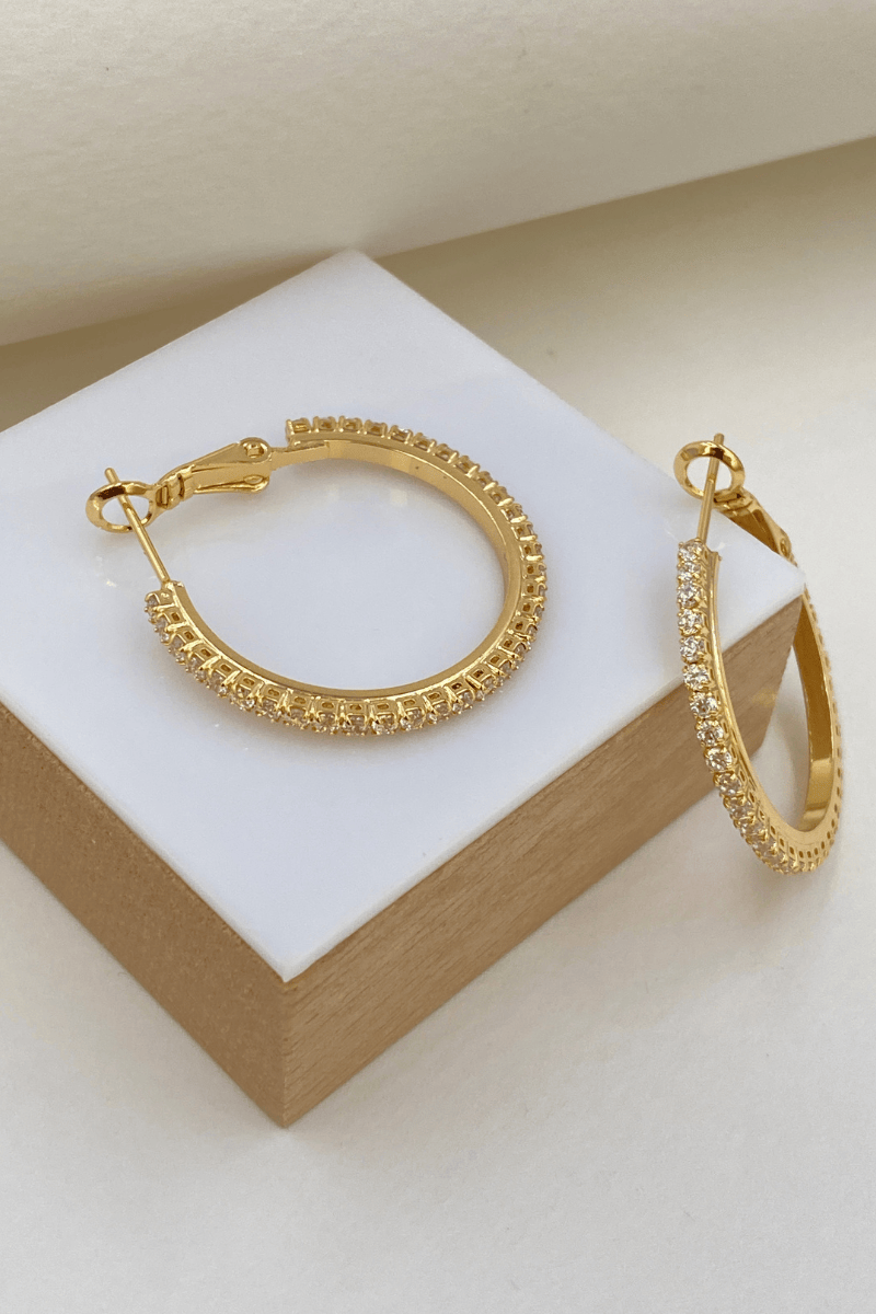 Gold 3 Cm Tam Tur Taşlı Halka Küpe