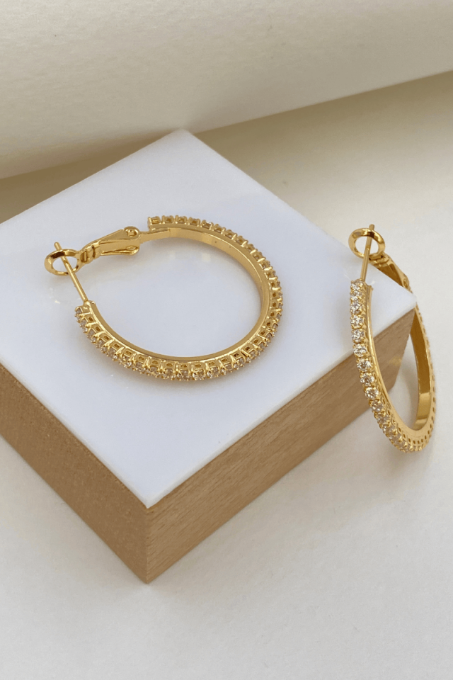 Gold 3 Cm Tam Tur Taşlı Halka Küpe