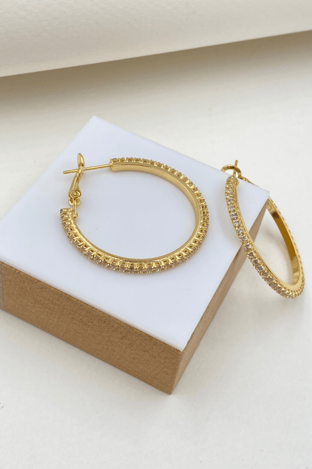 Gold 3.5 Cm Tam Tur Taşlı Halka Küpe
