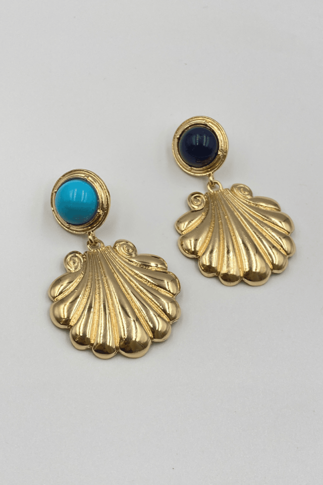 Gold Turkuaz Lacivert Taşlı Küpe