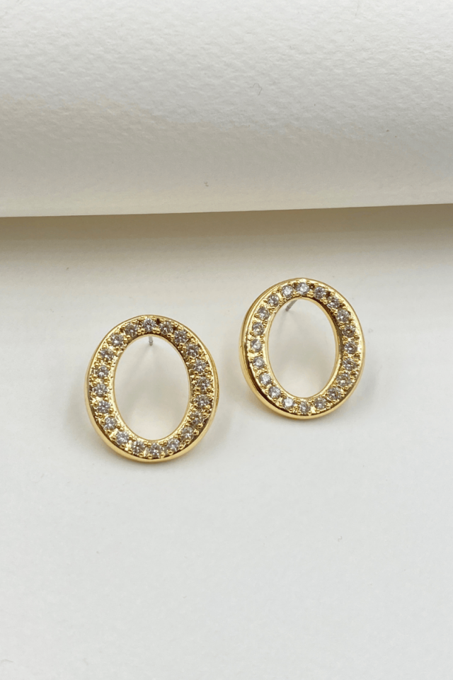 Gold Oval Taşlı Küpe