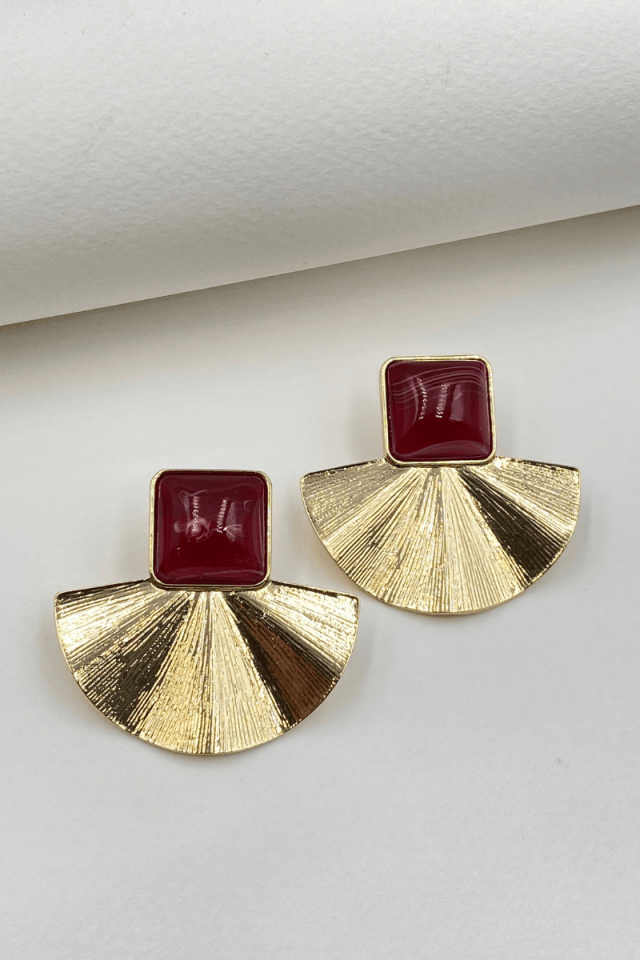 Gold Bordo Kare Taş Yelpaze Küpe