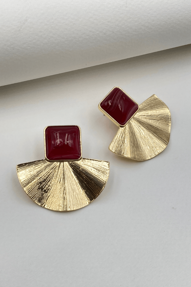 Gold Bordo Kare Taş Yelpaze Küpe
