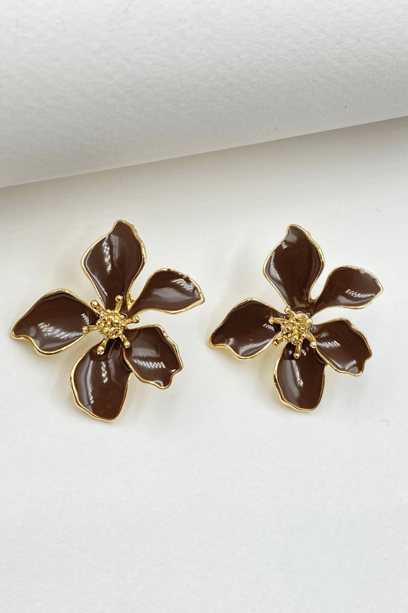 Gold Kahve Mineli Çiçek Küpe