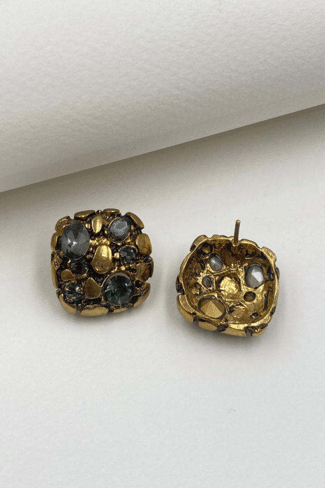 Bronz Eskitme Taşlı Kare Küpe