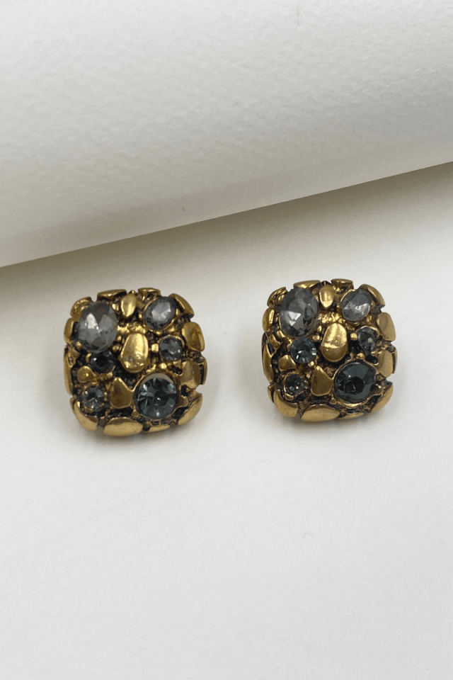 Bronz Eskitme Taşlı Kare Küpe