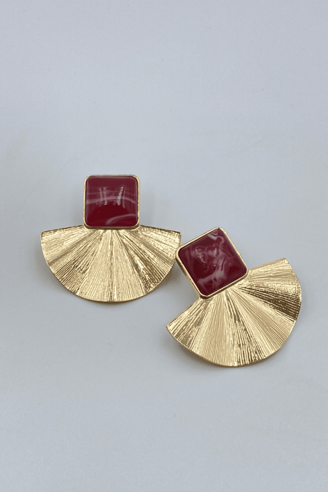 Gold Bordo Kare Taş Yelpaze Küpe