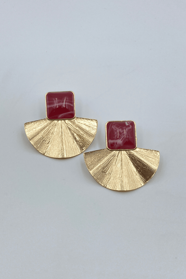 Gold Bordo Kare Taş Yelpaze Küpe