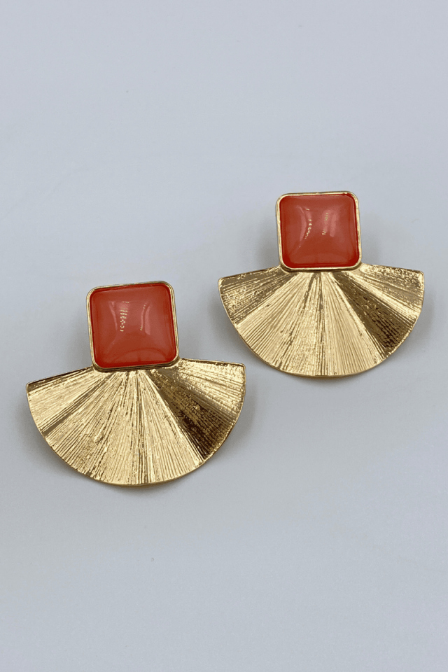 Gold Turuncu Kare Taş Yelpaze Küpe