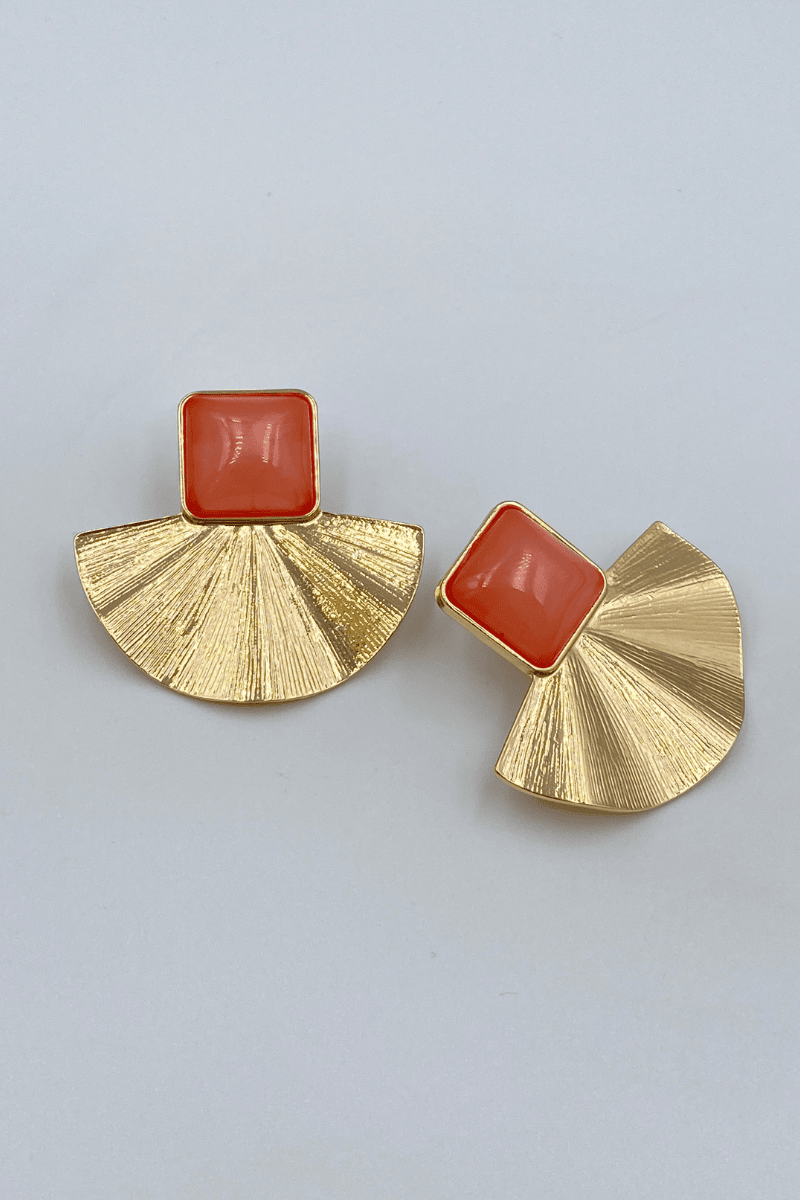 Gold Turuncu Kare Taş Yelpaze Küpe