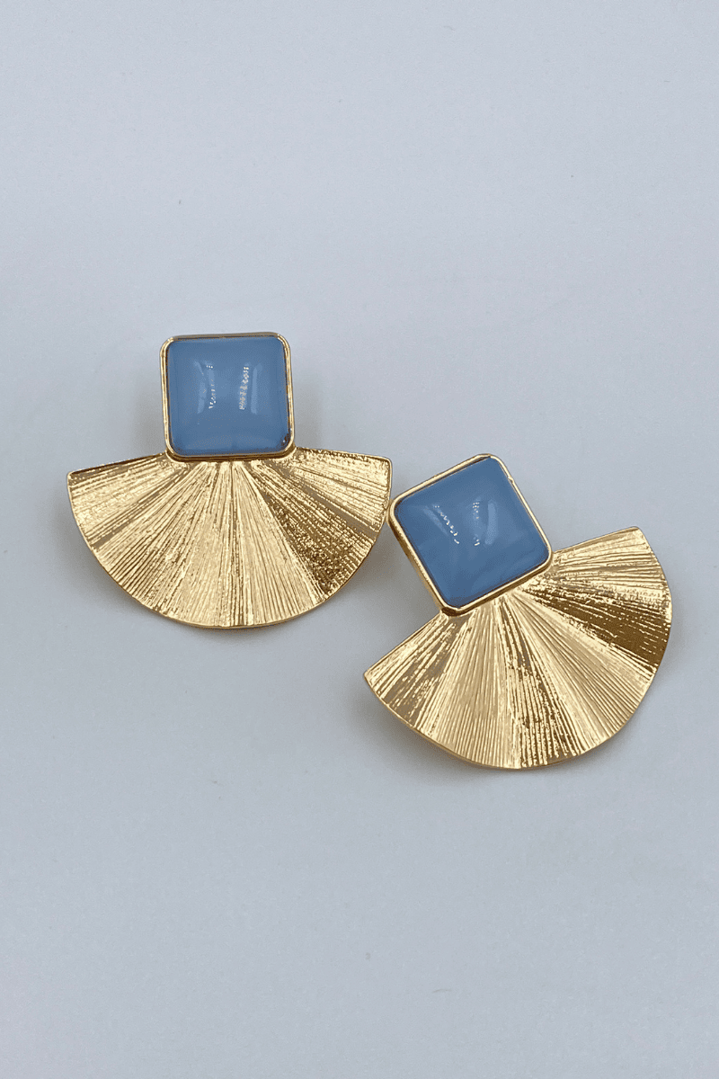 Gold Mavi Kare Taşlı Yelpaze Küpe