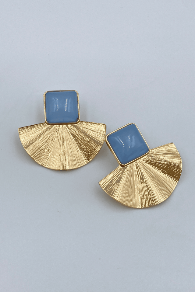 Gold Mavi Kare Taşlı Yelpaze Küpe