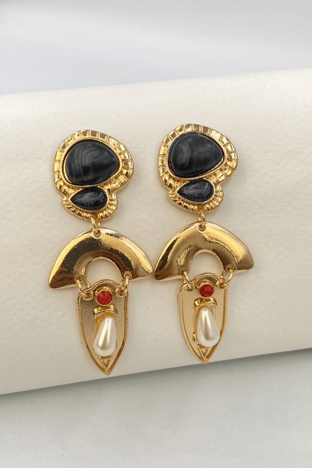 Gold Siyah Taşlı İnci Detay Sallantılı Küpe