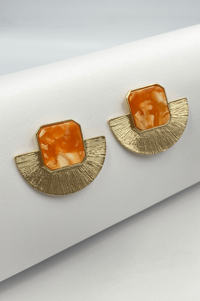 Gold Turuncu Yelpaze Model Küpe