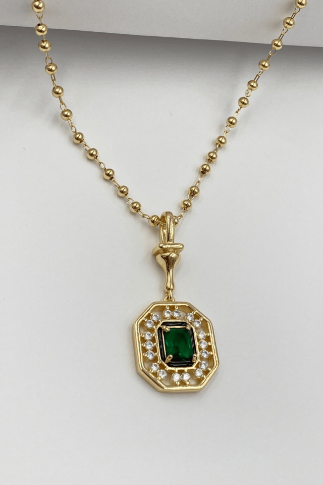Gold Yeşil Baget Taşlı Topçuk Zincir Kolye