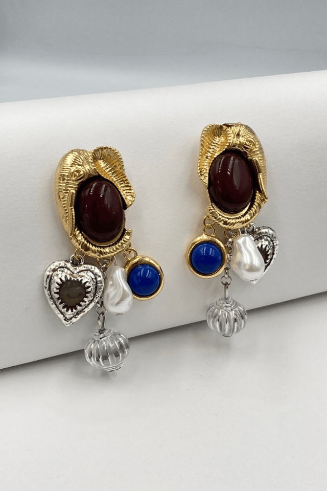 Bordo Taşlı Fil Detay Charmlı Küpe