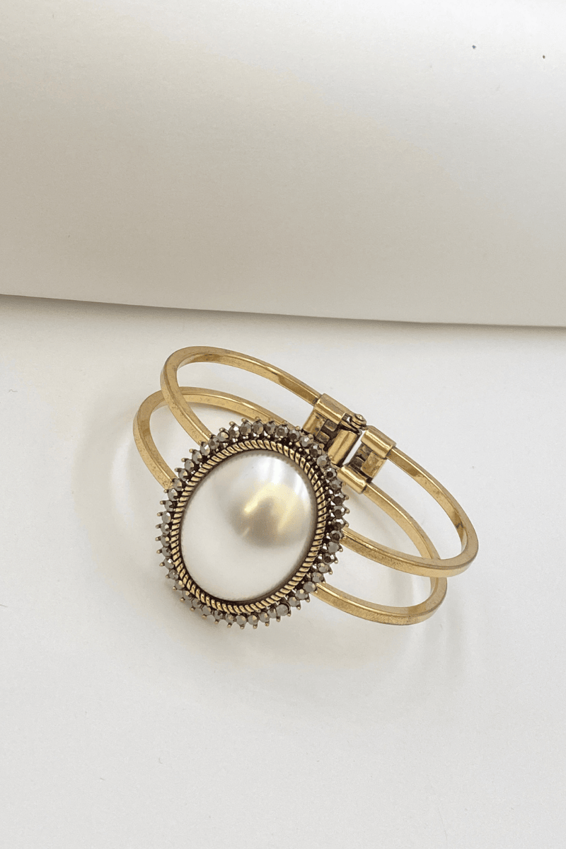 Bronz Eskitme Oval İnci Taşlı Kelepçe