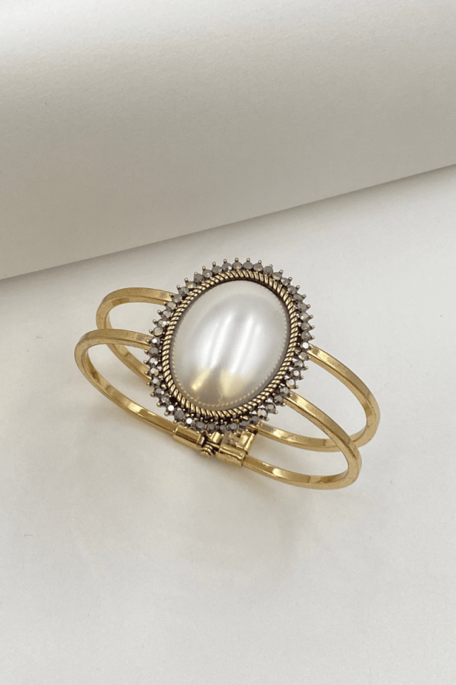 Bronz Eskitme Oval İnci Taşlı Kelepçe